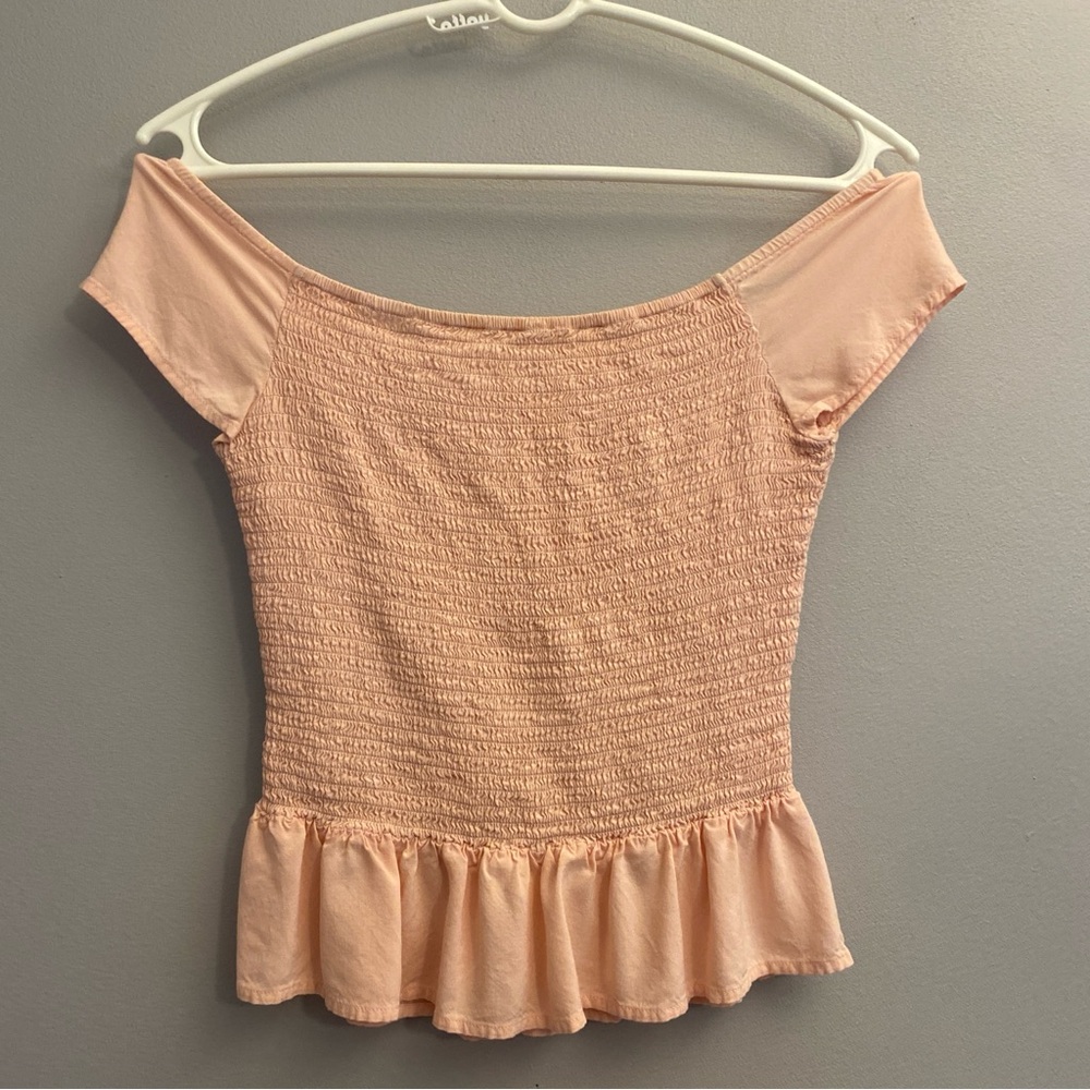 Candie’s Pale Peach Smocked Off The Shoulder Peplum Ruffled Hem Crop Top - Small